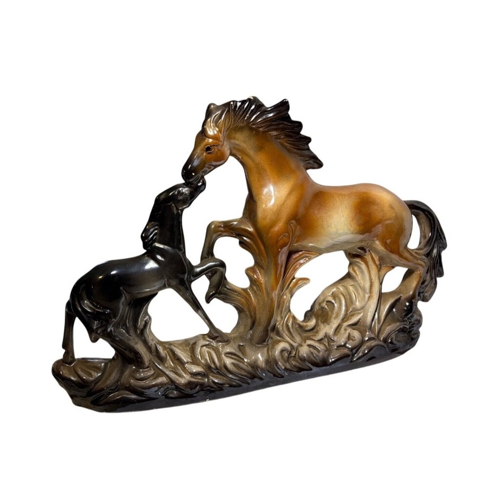 Ceramic Horses Figurine Mom and Baby Brown & Black 9.5 x 11.5" Made in Italy Vtg